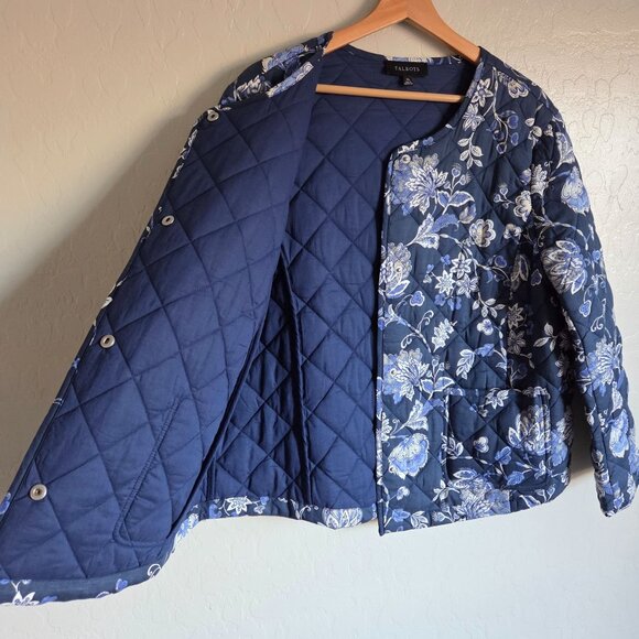 Talbots Jacobean Quilted Jacket Blue Women's XL Snap Button Round Neck Cottage - Picture 7 of 9